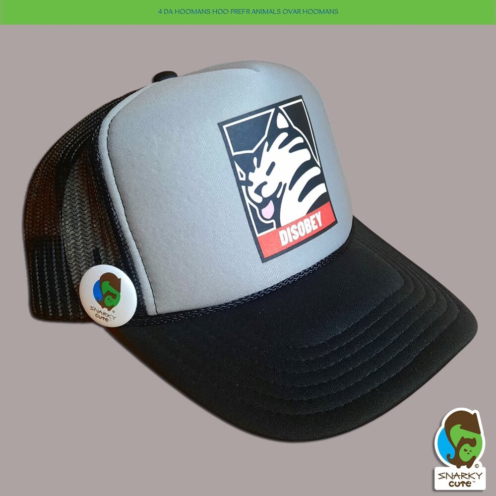 Disobey Cat Shepard Fairey Obey Parody Foam Trucker Snapback Hat BLACK/GREY